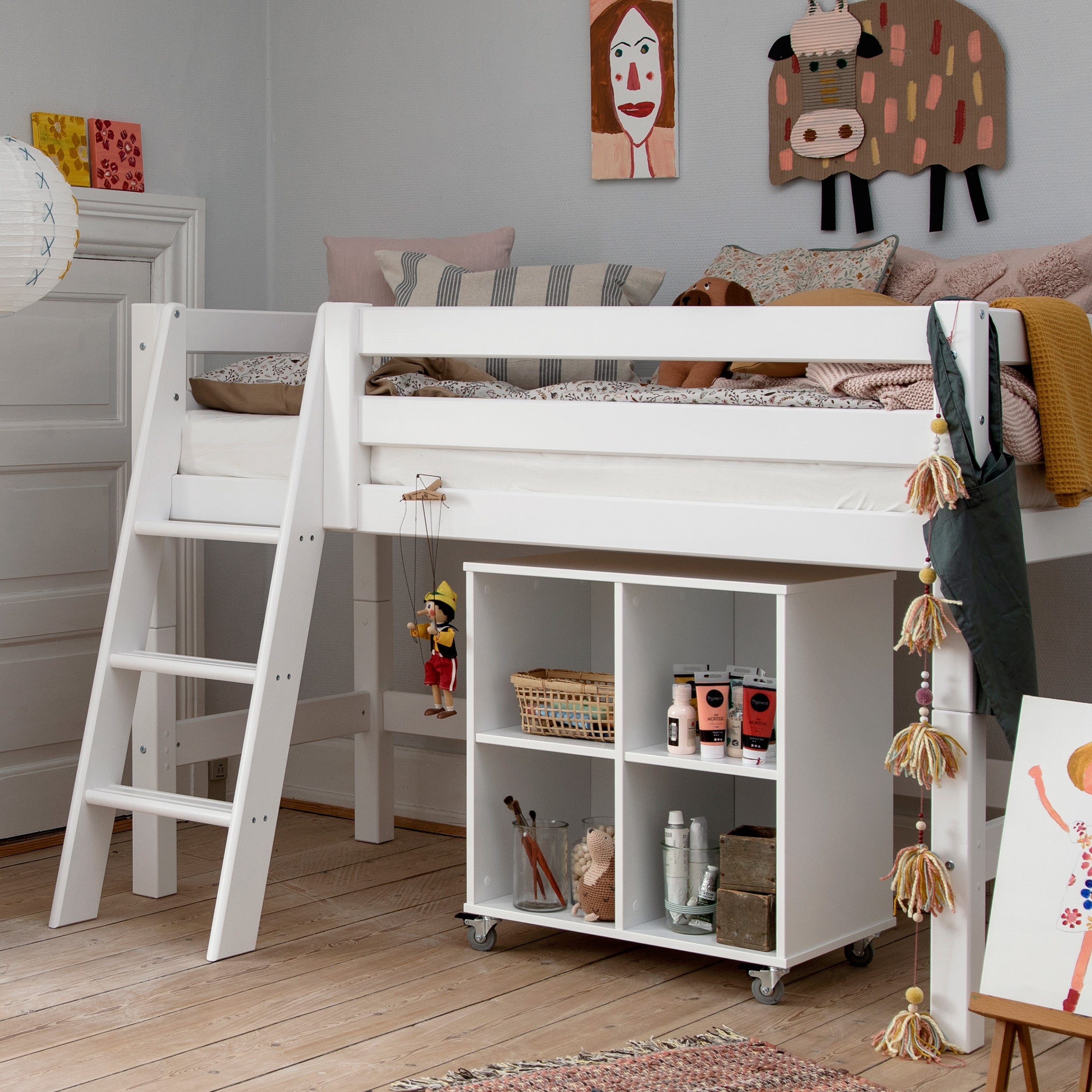 White fashion mid sleeper bed with desk