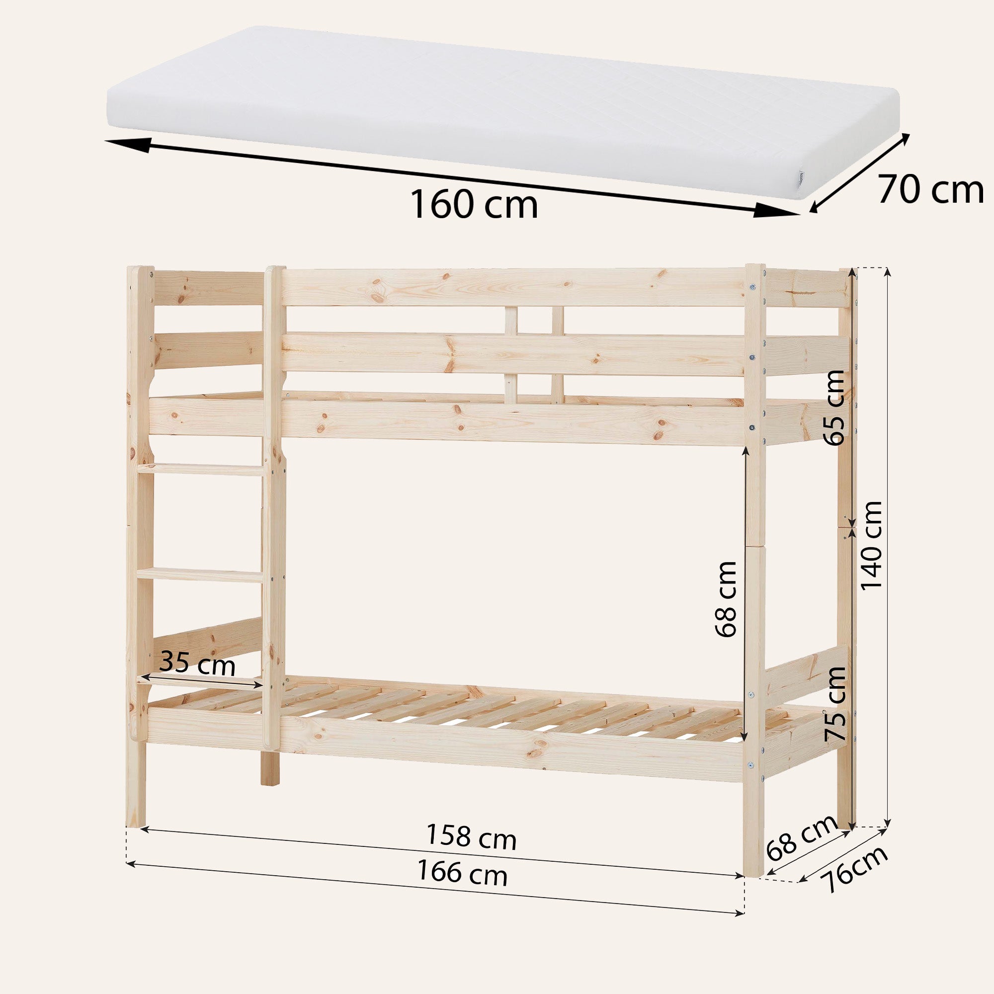 Hoppekids ECO Comfort Łóżko piętrowe z 2 materacami 70x160 cm 