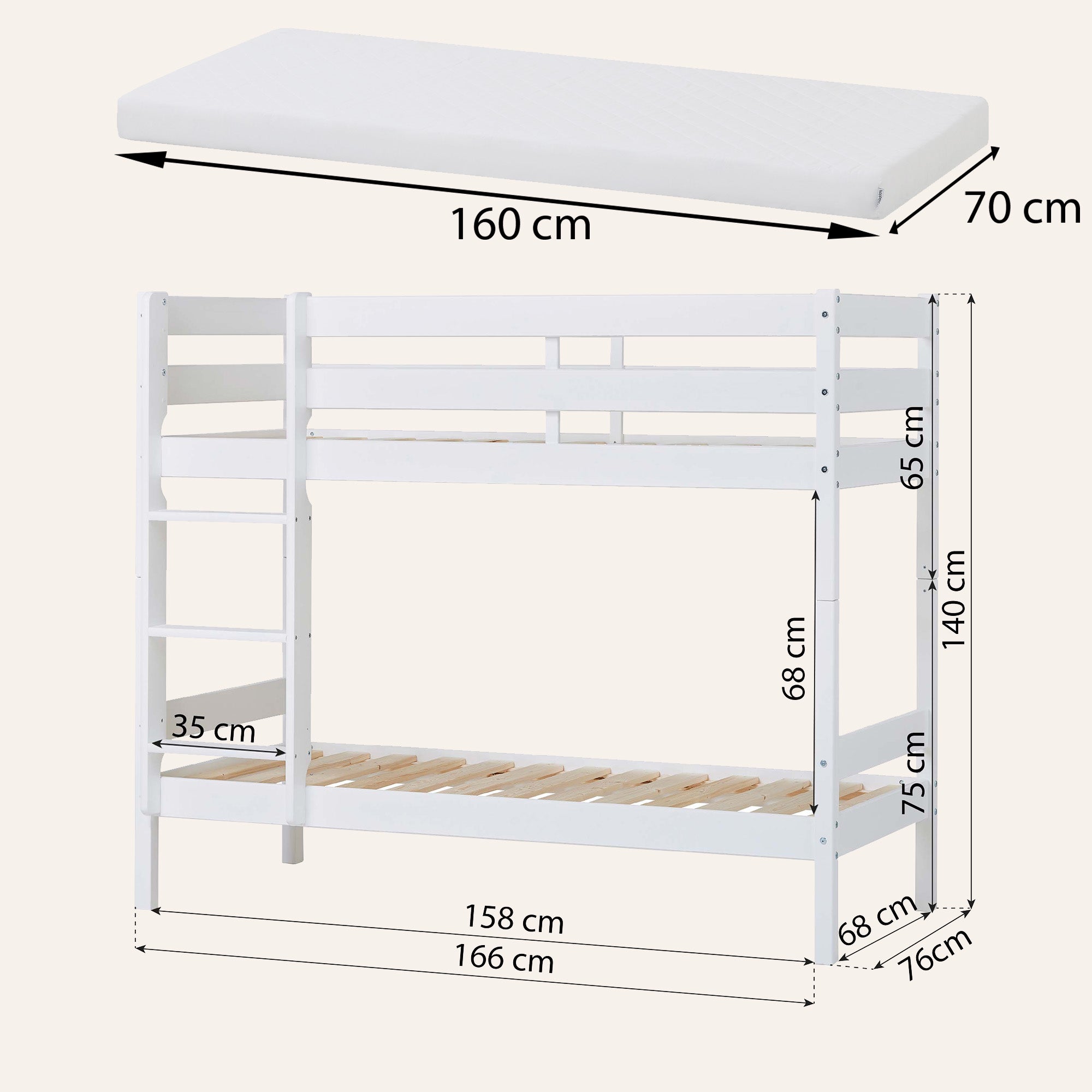 Hoppekids ECO Comfort Łóżko piętrowe z 2 materacami 70x160 cm 