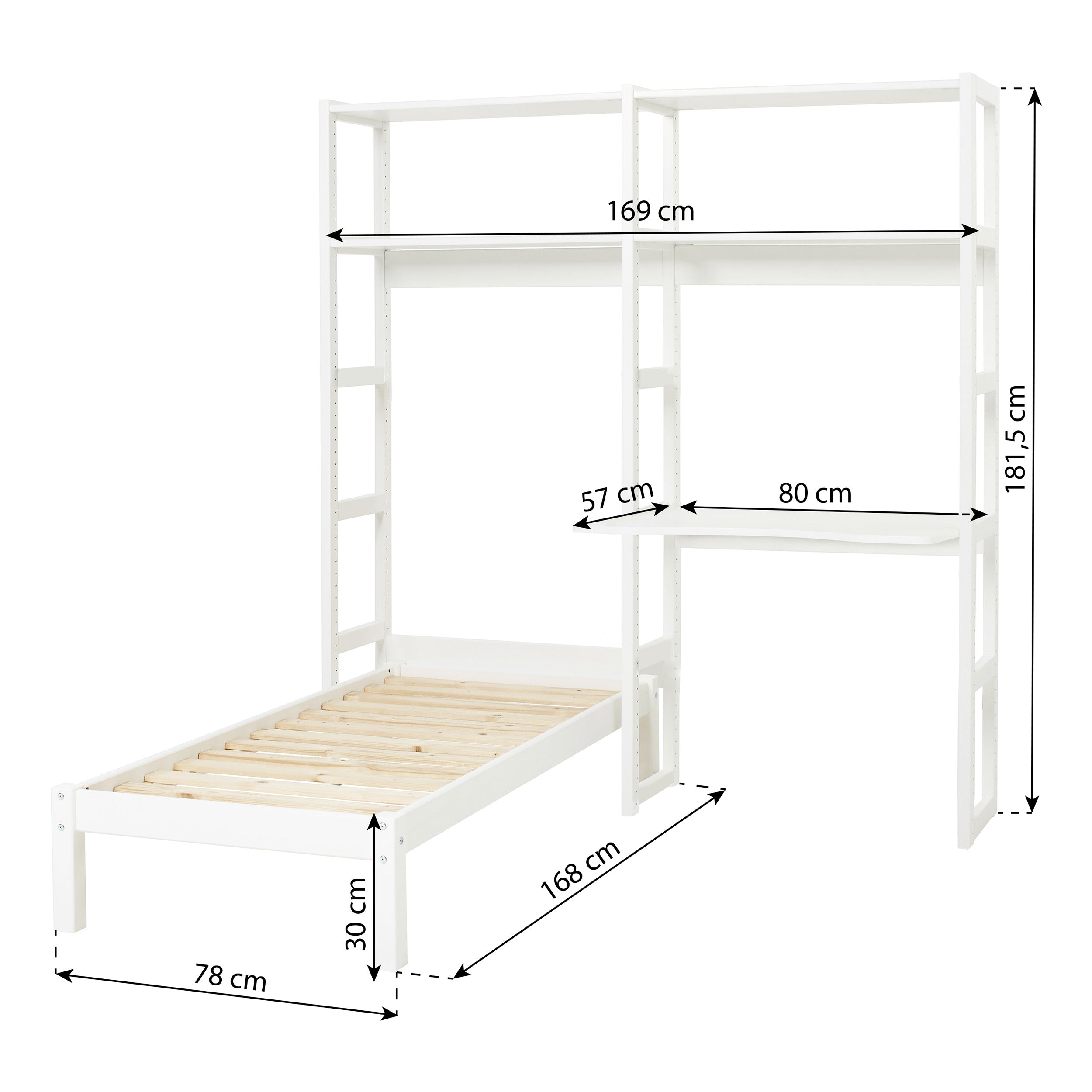 Hoppekids STOREY étagère avec 2 sections, 4 étagères, lit de 70x160 cm et plateau de travail de 80 cm, Blanc 