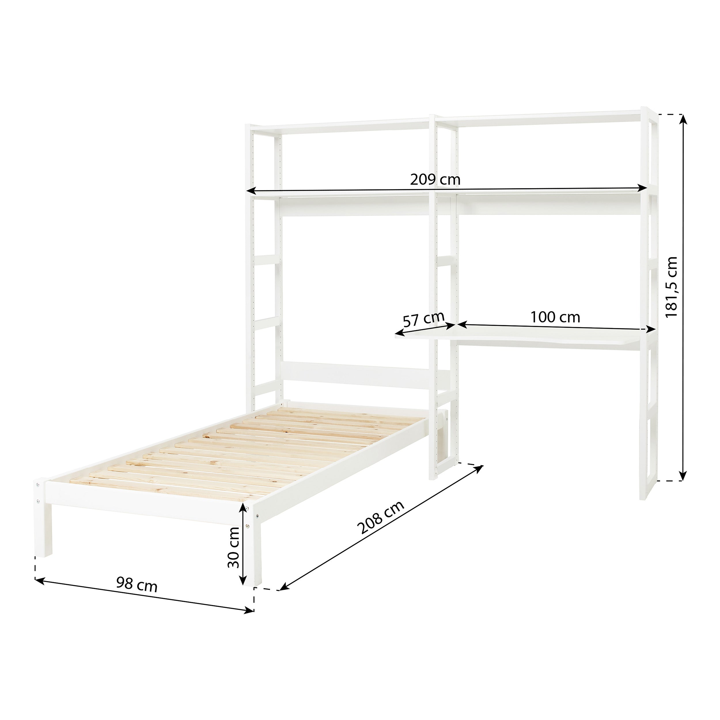 Hoppekids STOREY étagère avec 2 sections, 4 étagères, lit de 70x160 cm et plateau de travail de 80 cm, Blanc 